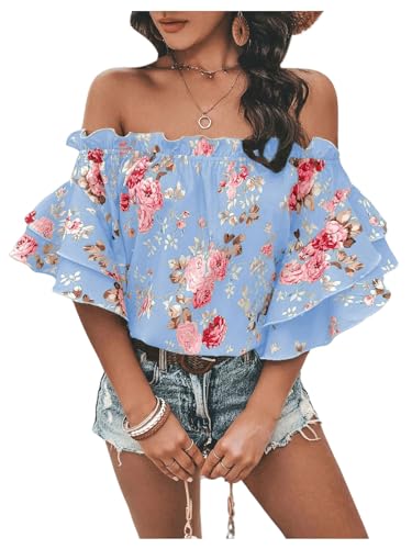 SOLY HUX Women's Floral Print Blouse Off Shoulder Ruffle